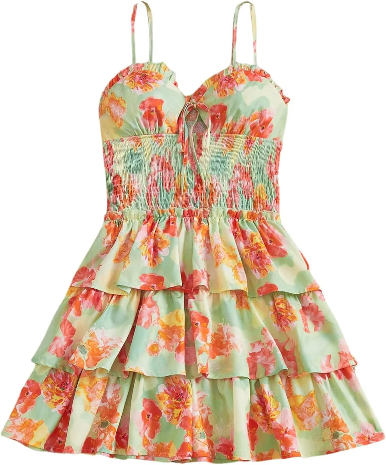 MakeMeChic Women's Floral Print Shirred Mini Dress Frill Trim Ruffle Tiered Boho Dresses