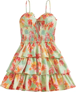 MakeMeChic Women's Floral Print Shirred Mini Dress Frill Trim Ruffle Tiered Boho Dresses