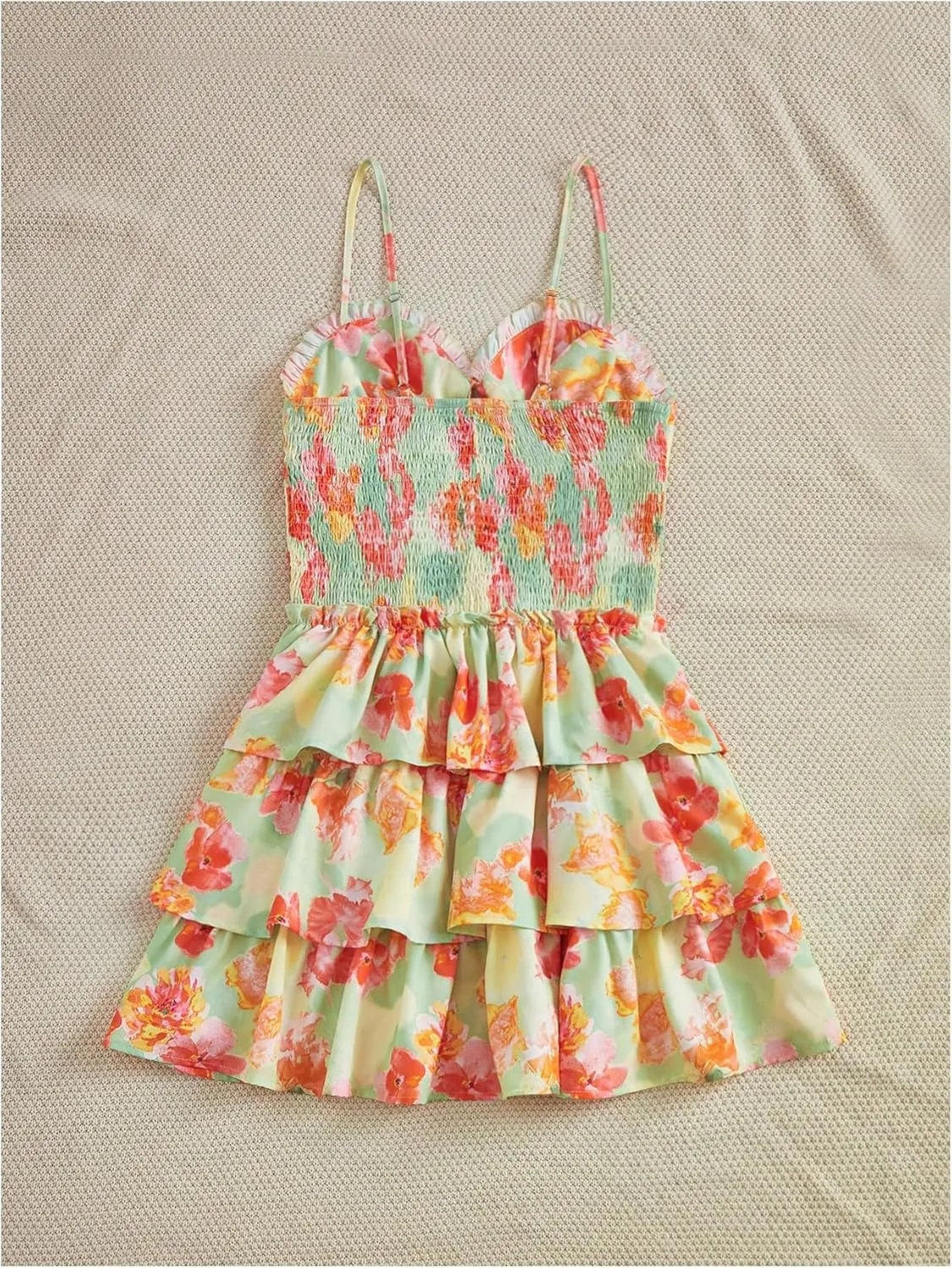 MakeMeChic Women's Floral Print Shirred Mini Dress Frill Trim Ruffle Tiered Boho Dresses