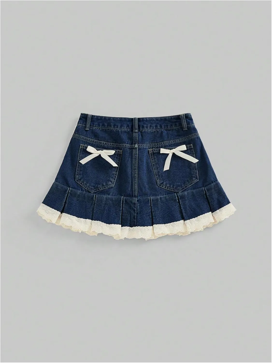 MakeMeChic Women's Lace Hem Bow Knot Denim Skirts A Line Mini Pleated Jean Skirt