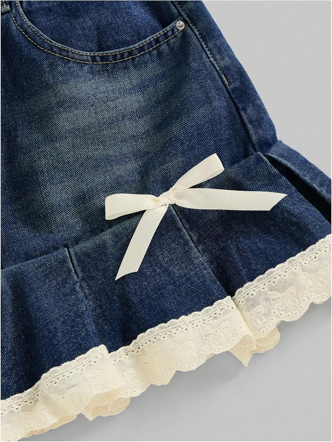 MakeMeChic Women's Lace Hem Bow Knot Denim Skirts A Line Mini Pleated Jean Skirt