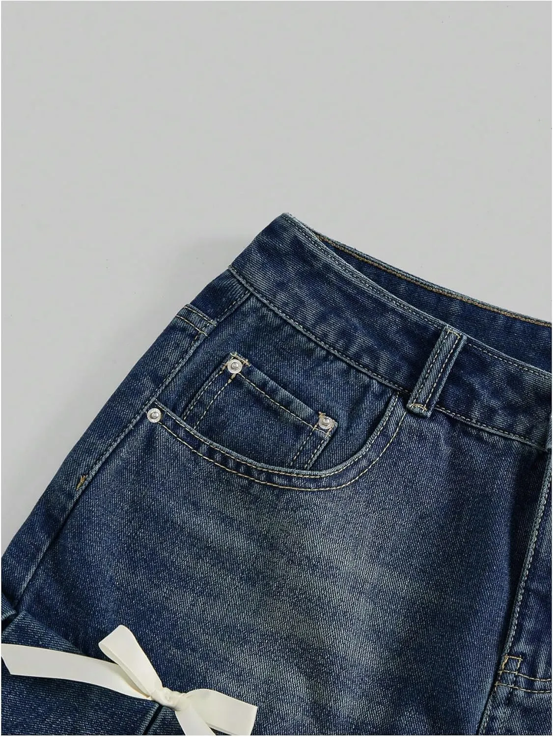 MakeMeChic Women's Lace Hem Bow Knot Denim Skirts A Line Mini Pleated Jean Skirt