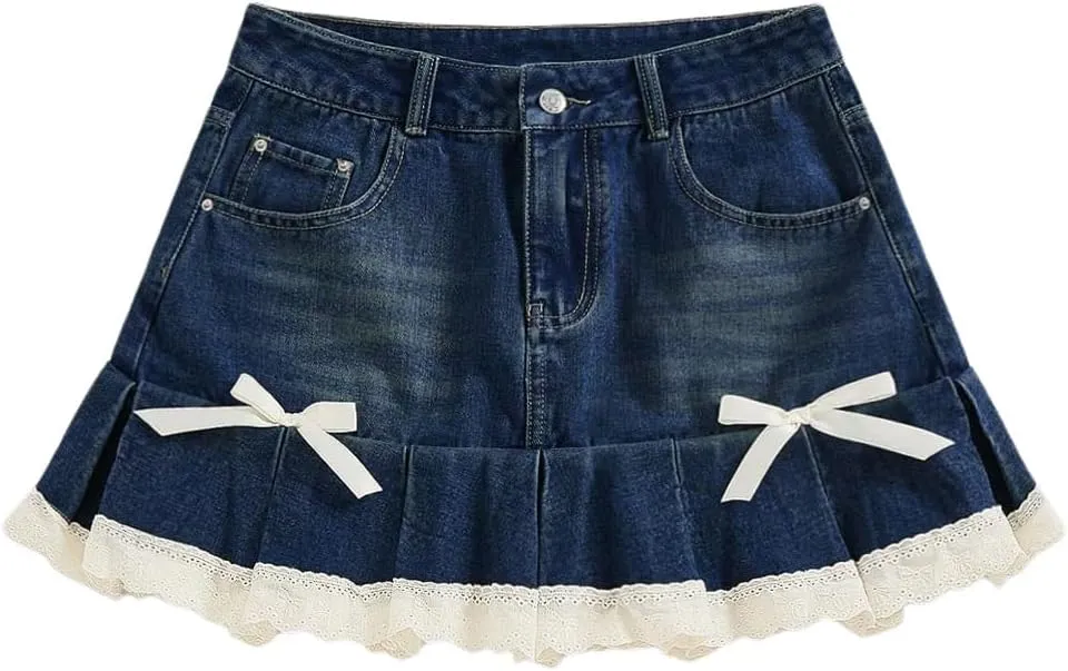 MakeMeChic Women's Lace Hem Bow Knot Denim Skirts A Line Mini Pleated Jean Skirt
