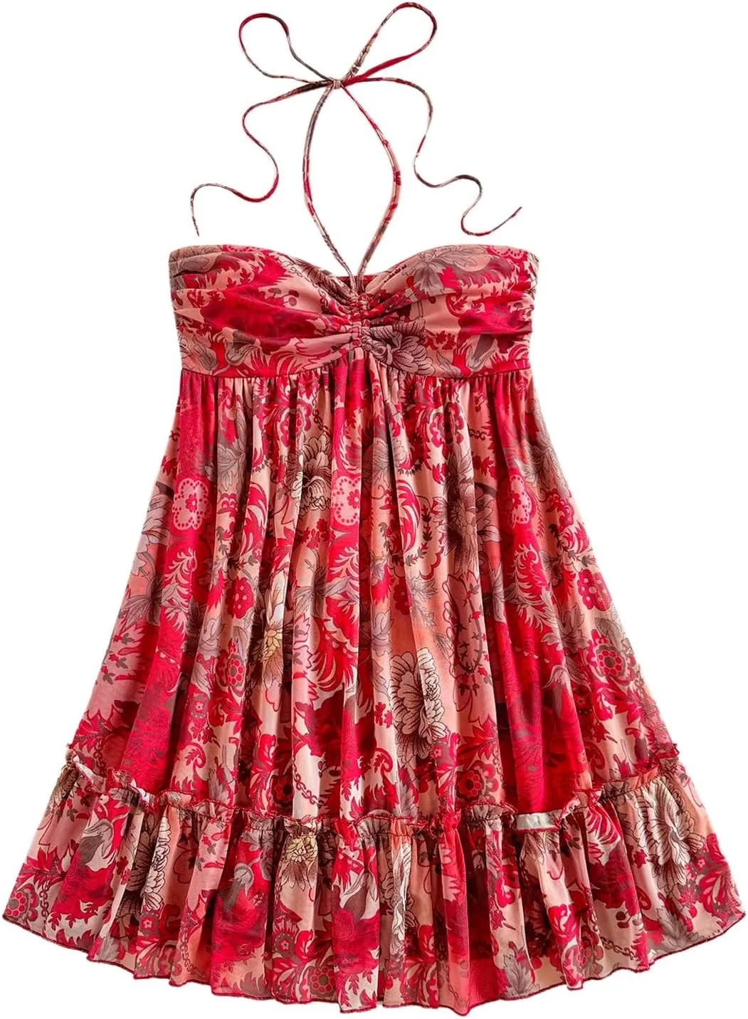 MakeMeChic Women's Paisley Print Ruched Halter Mini Dress Ruffle Tiered A Line Boho Dresses
