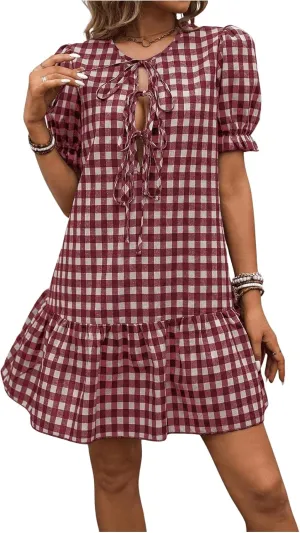 MakeMeChic Women's Plaid Gingham Bow Tie Front Mini Dress Short Sleeve Ruffle Hem Dresses