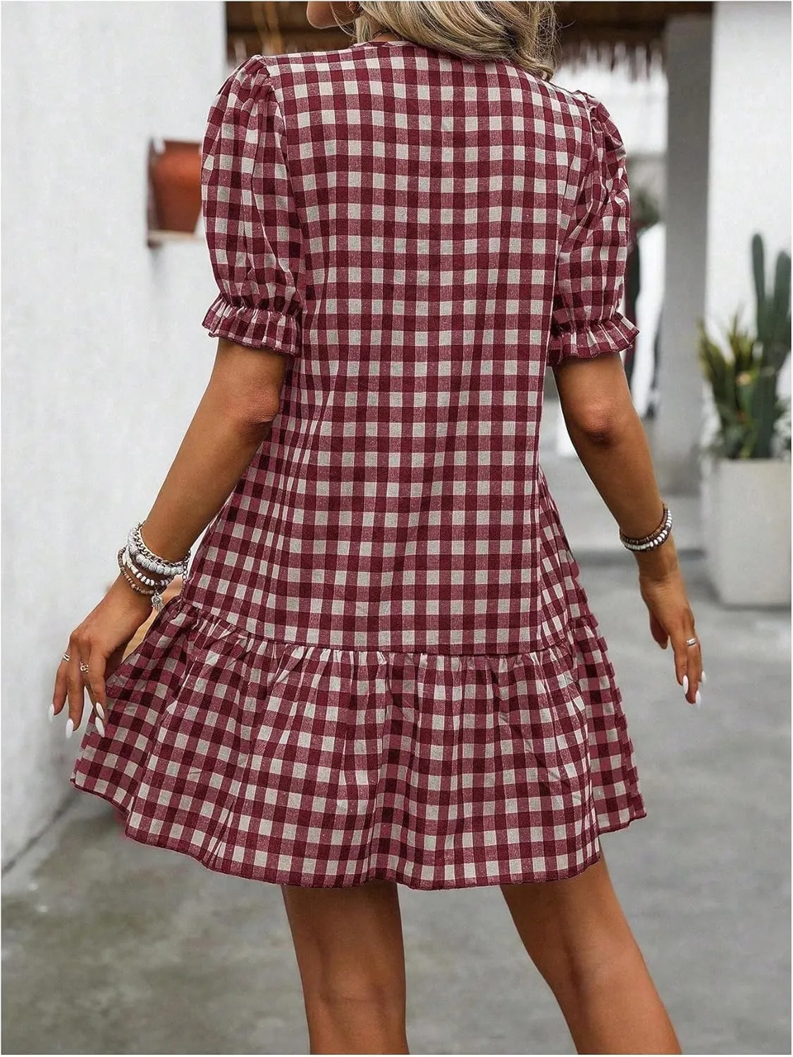 MakeMeChic Women's Plaid Gingham Bow Tie Front Mini Dress Short Sleeve Ruffle Hem Dresses
