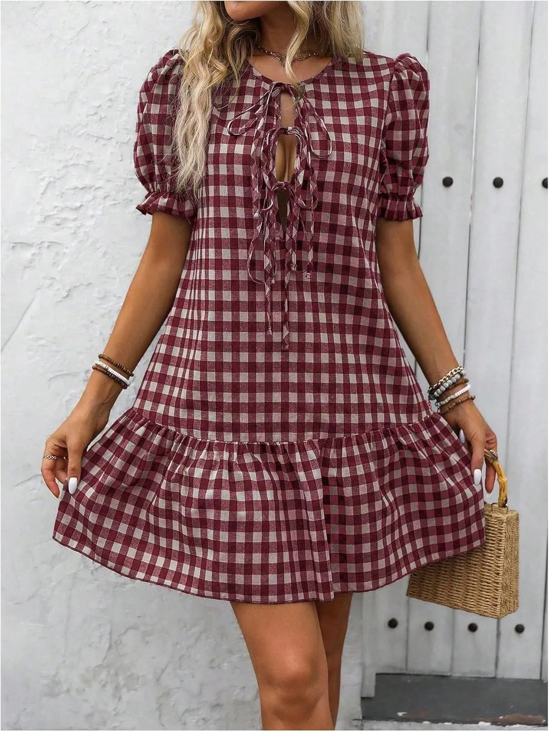 MakeMeChic Women's Plaid Gingham Bow Tie Front Mini Dress Short Sleeve Ruffle Hem Dresses
