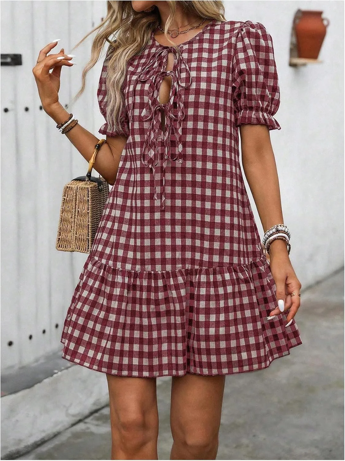 MakeMeChic Women's Plaid Gingham Bow Tie Front Mini Dress Short Sleeve Ruffle Hem Dresses