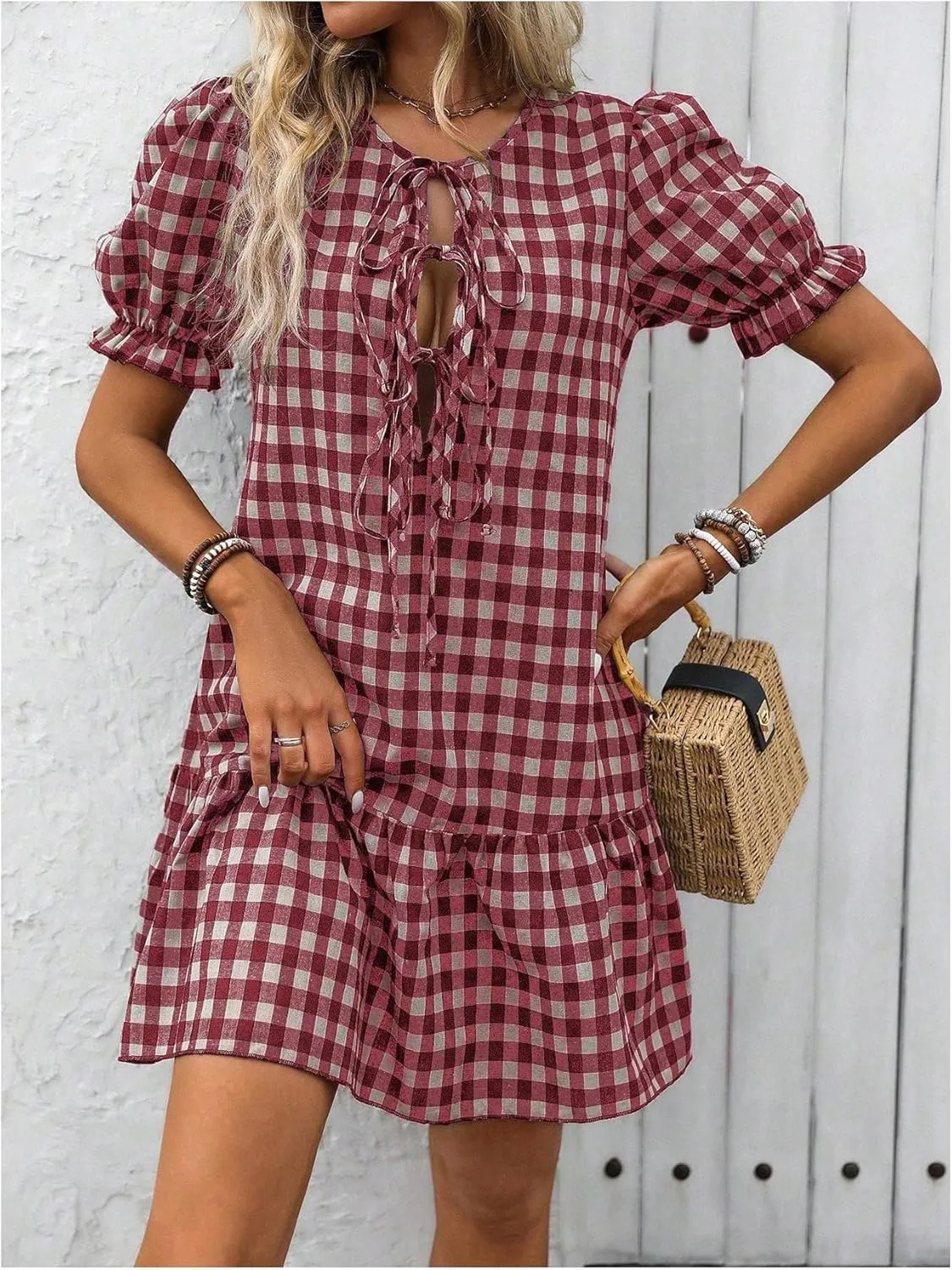 MakeMeChic Women's Plaid Gingham Bow Tie Front Mini Dress Short Sleeve Ruffle Hem Dresses