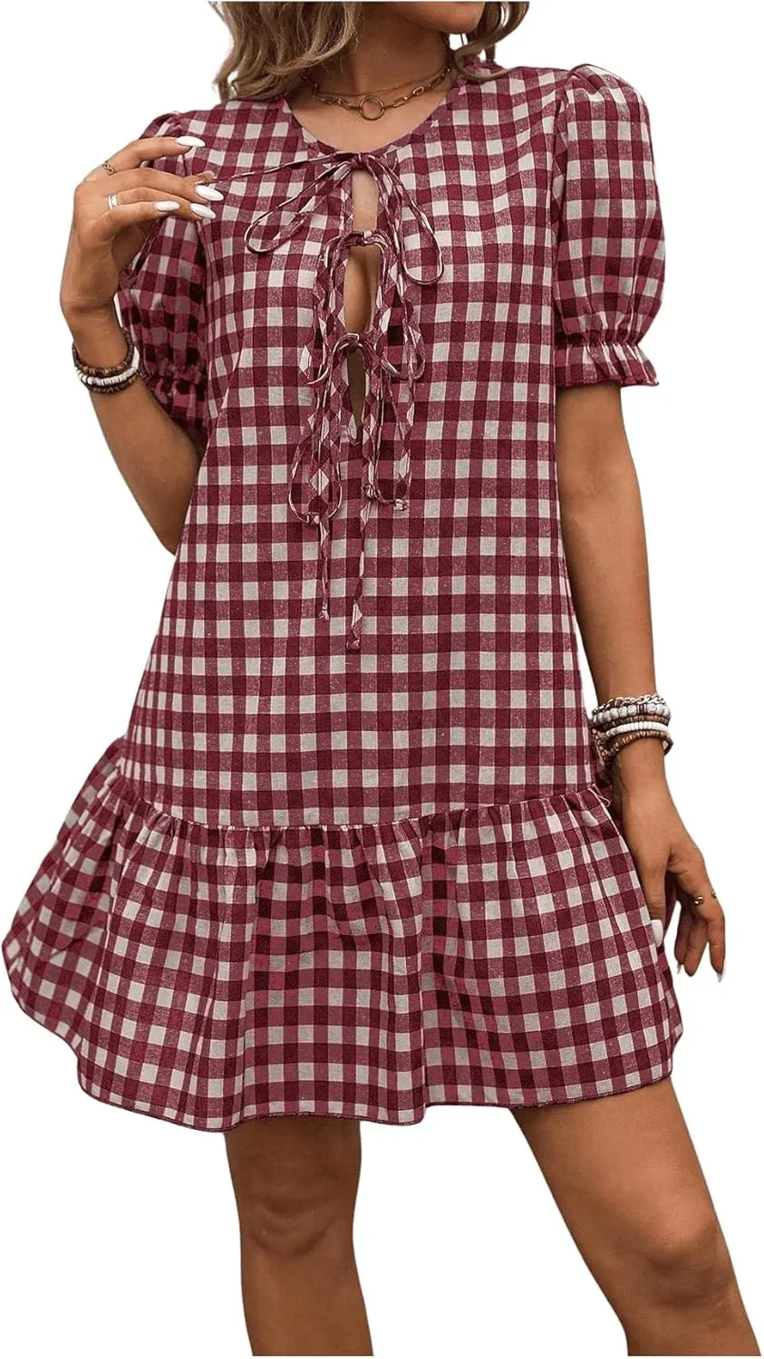 MakeMeChic Women's Plaid Gingham Bow Tie Front Mini Dress Short Sleeve Ruffle Hem Dresses