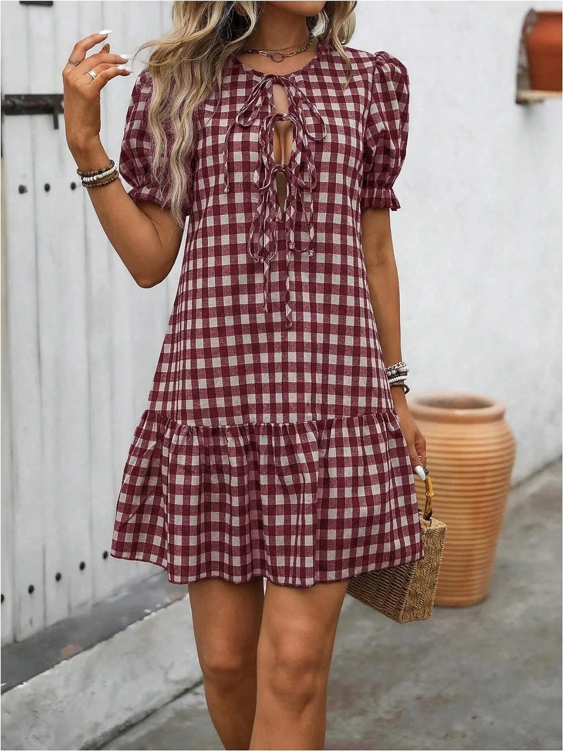 MakeMeChic Women's Plaid Gingham Bow Tie Front Mini Dress Short Sleeve Ruffle Hem Dresses