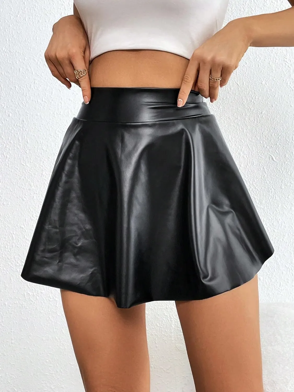 MakeMeChic Women's PU Leather Ruffle Shorts Elastic Waist Flared Hem Skorts with Pocket