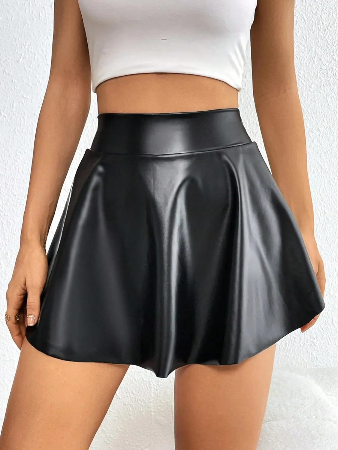 MakeMeChic Women's PU Leather Ruffle Shorts Elastic Waist Flared Hem Skorts with Pocket