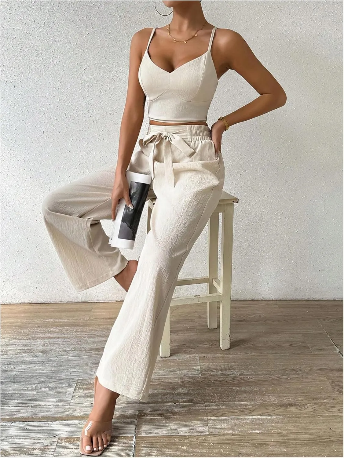 MakeMeChic Women's Two Piece Outfits V Neck Shirred Cami Crop Top and Knot Front Wide Leg Pants Set