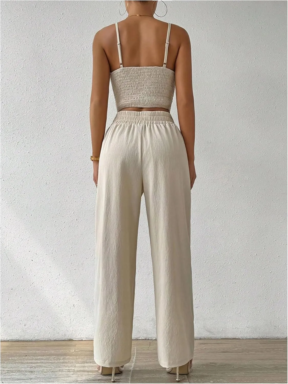 MakeMeChic Women's Two Piece Outfits V Neck Shirred Cami Crop Top and Knot Front Wide Leg Pants Set