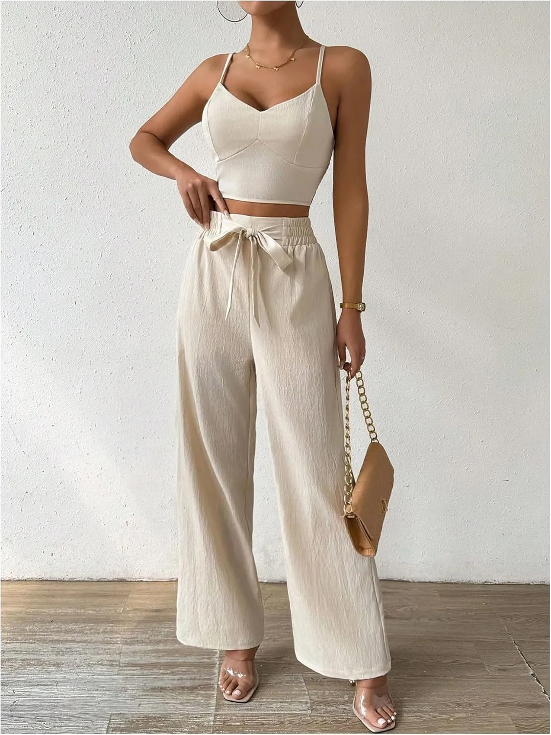 MakeMeChic Women's Two Piece Outfits V Neck Shirred Cami Crop Top and Knot Front Wide Leg Pants Set