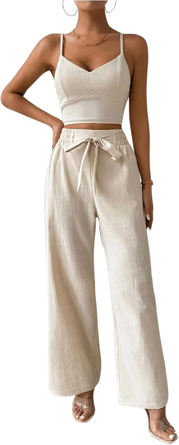 MakeMeChic Women's Two Piece Outfits V Neck Shirred Cami Crop Top and Knot Front Wide Leg Pants Set