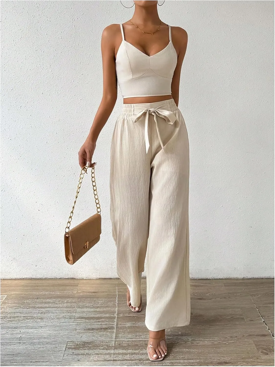 MakeMeChic Women's Two Piece Outfits V Neck Shirred Cami Crop Top and Knot Front Wide Leg Pants Set