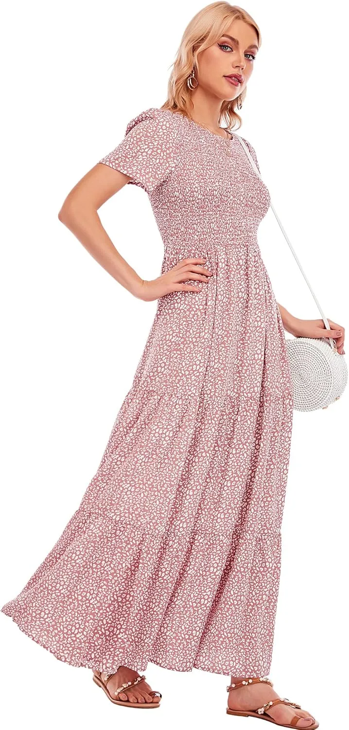 MANAIXUAN Women's Summer Casual Floral Print Party Maxi Dresses Short Sleeve A Line Long Tiered Sun Dress