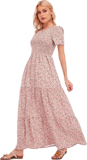 MANAIXUAN Women's Summer Casual Floral Print Party Maxi Dresses Short Sleeve A Line Long Tiered Sun Dress