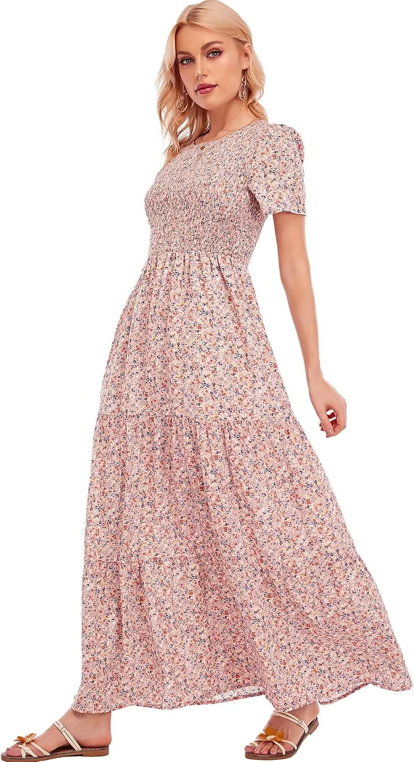MANAIXUAN Women's Summer Casual Floral Print Party Maxi Dresses Short Sleeve A Line Long Tiered Sun Dress