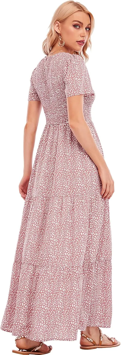 MANAIXUAN Women's Summer Casual Floral Print Party Maxi Dresses Short Sleeve A Line Long Tiered Sun Dress