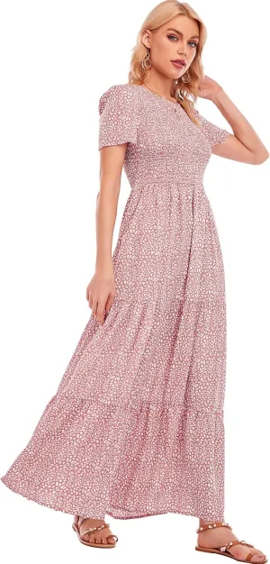 MANAIXUAN Women's Summer Casual Floral Print Party Maxi Dresses Short Sleeve A Line Long Tiered Sun Dress