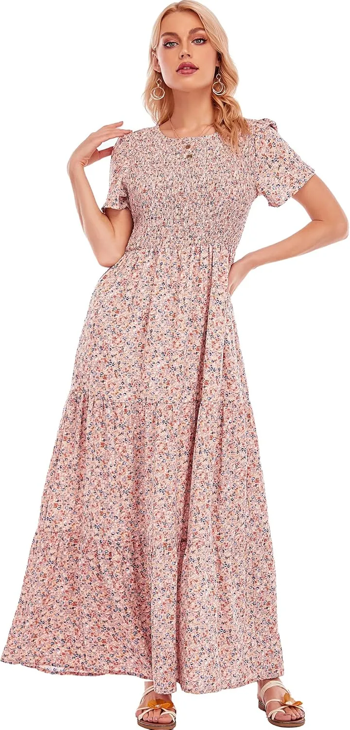 MANAIXUAN Women's Summer Casual Floral Print Party Maxi Dresses Short Sleeve A Line Long Tiered Sun Dress