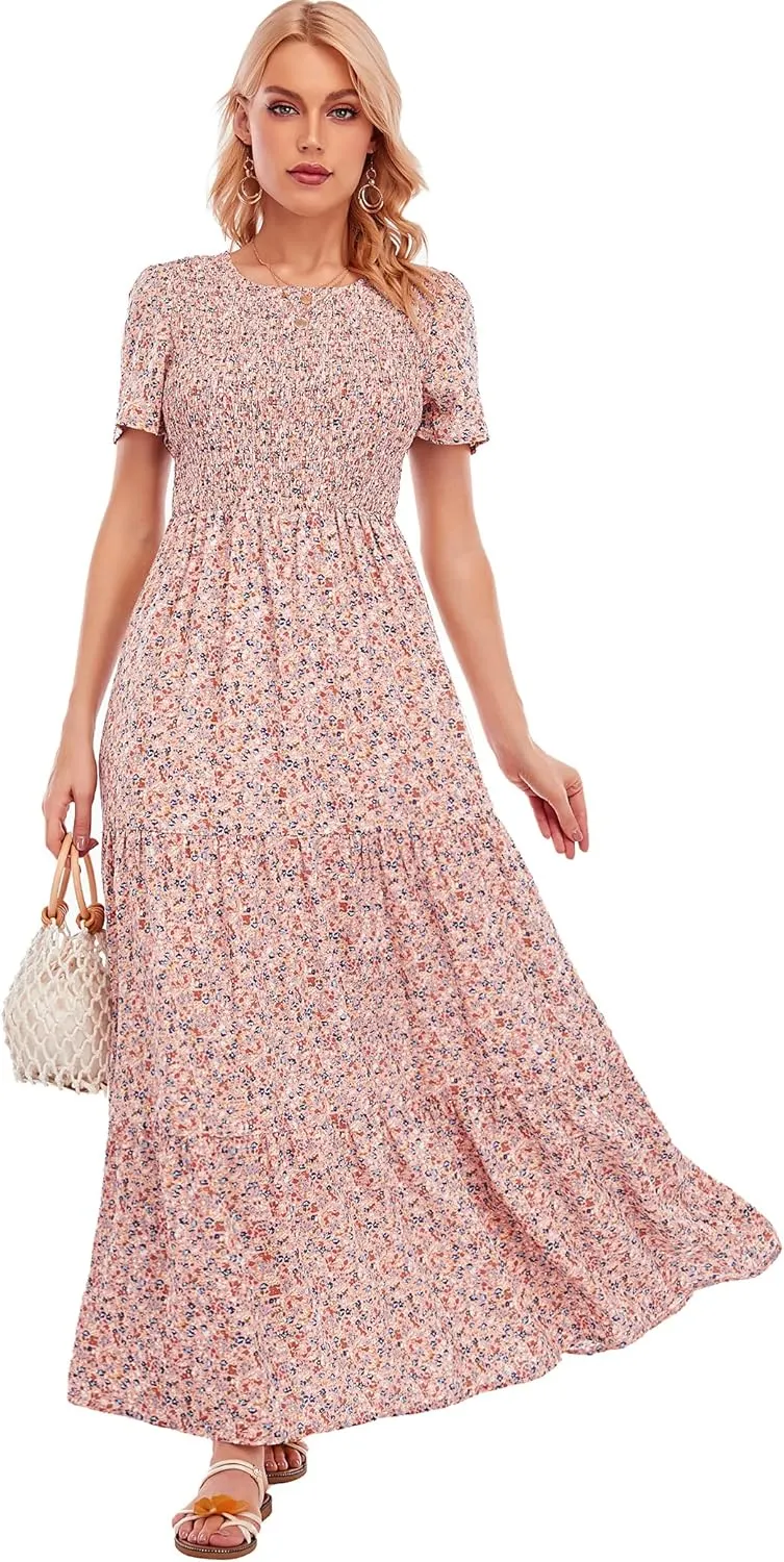 MANAIXUAN Women's Summer Casual Floral Print Party Maxi Dresses Short Sleeve A Line Long Tiered Sun Dress