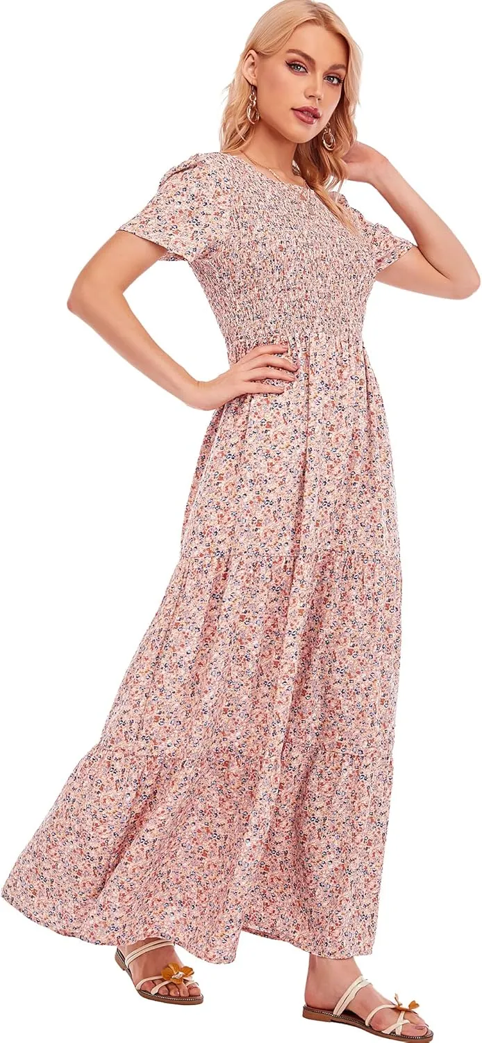 MANAIXUAN Women's Summer Casual Floral Print Party Maxi Dresses Short Sleeve A Line Long Tiered Sun Dress