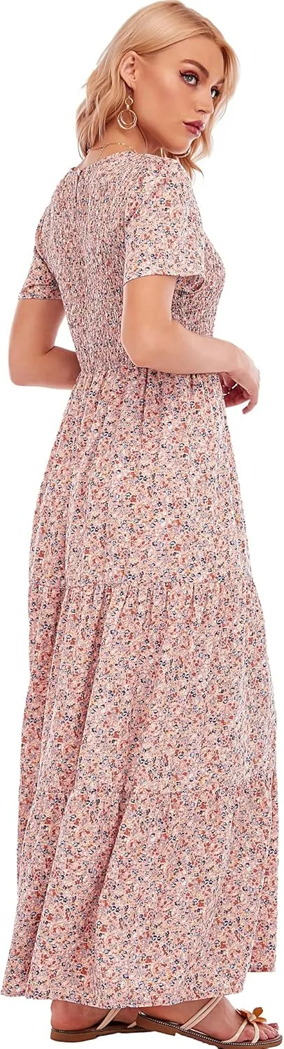 MANAIXUAN Women's Summer Casual Floral Print Party Maxi Dresses Short Sleeve A Line Long Tiered Sun Dress