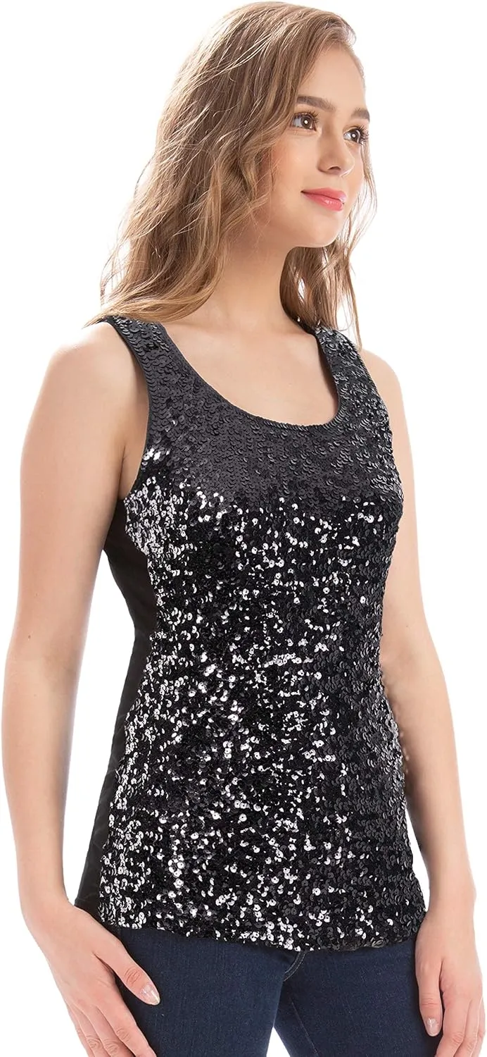MANER Women's Sequin Tops Sleeveless Glitter Gradient Tank Club Party Vest XS-3XL