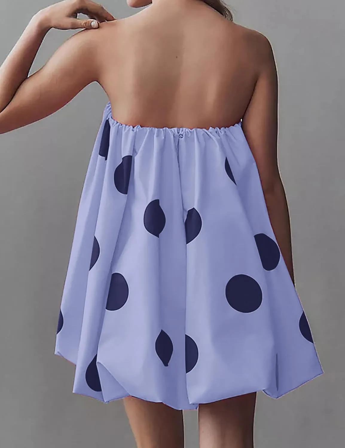 Meladyan Womens Polka Dot Bubble Mini Dress Strapless Backless Loose Fit Tube Dress Elegant Pleated Elastic Beach Dress