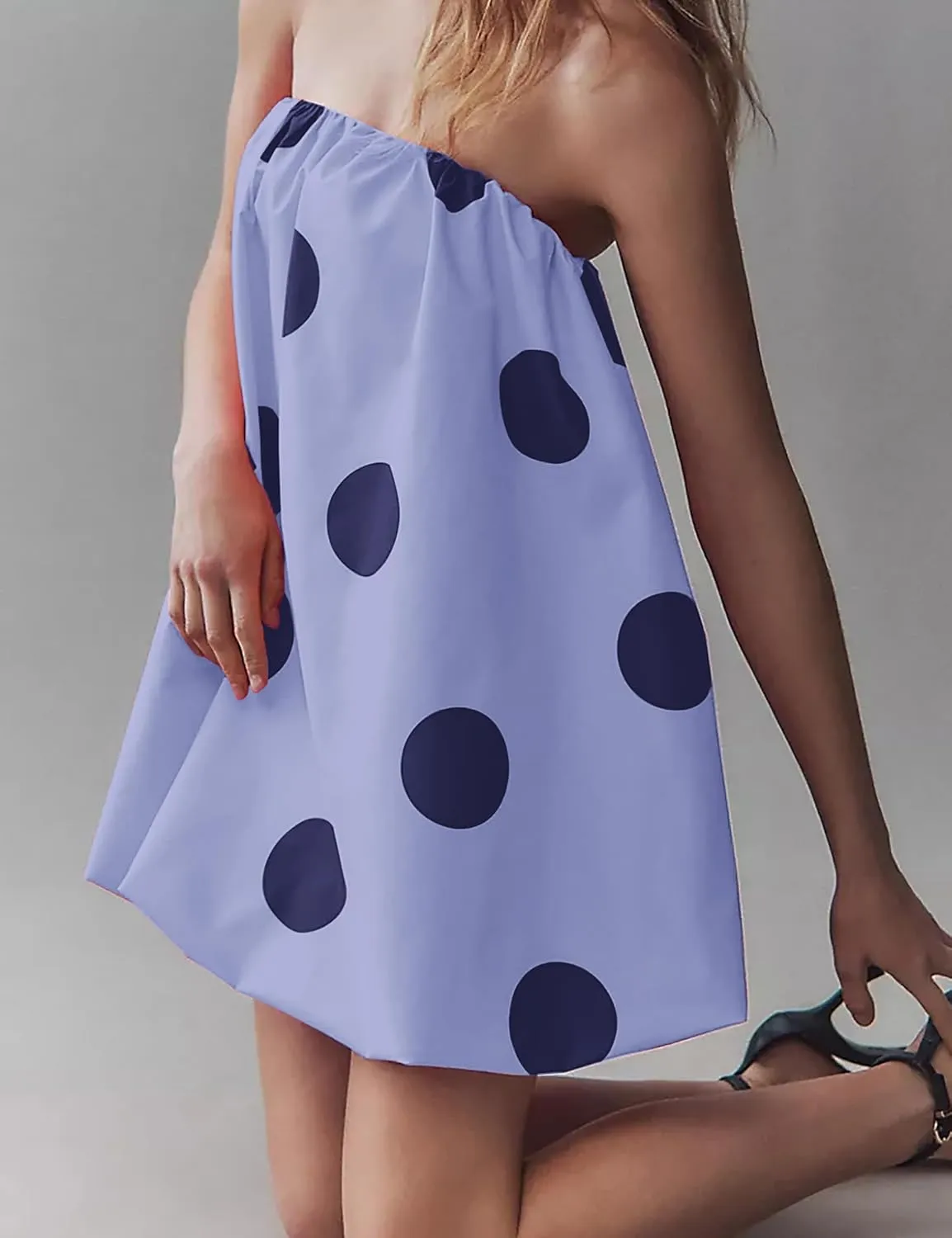 Meladyan Womens Polka Dot Bubble Mini Dress Strapless Backless Loose Fit Tube Dress Elegant Pleated Elastic Beach Dress