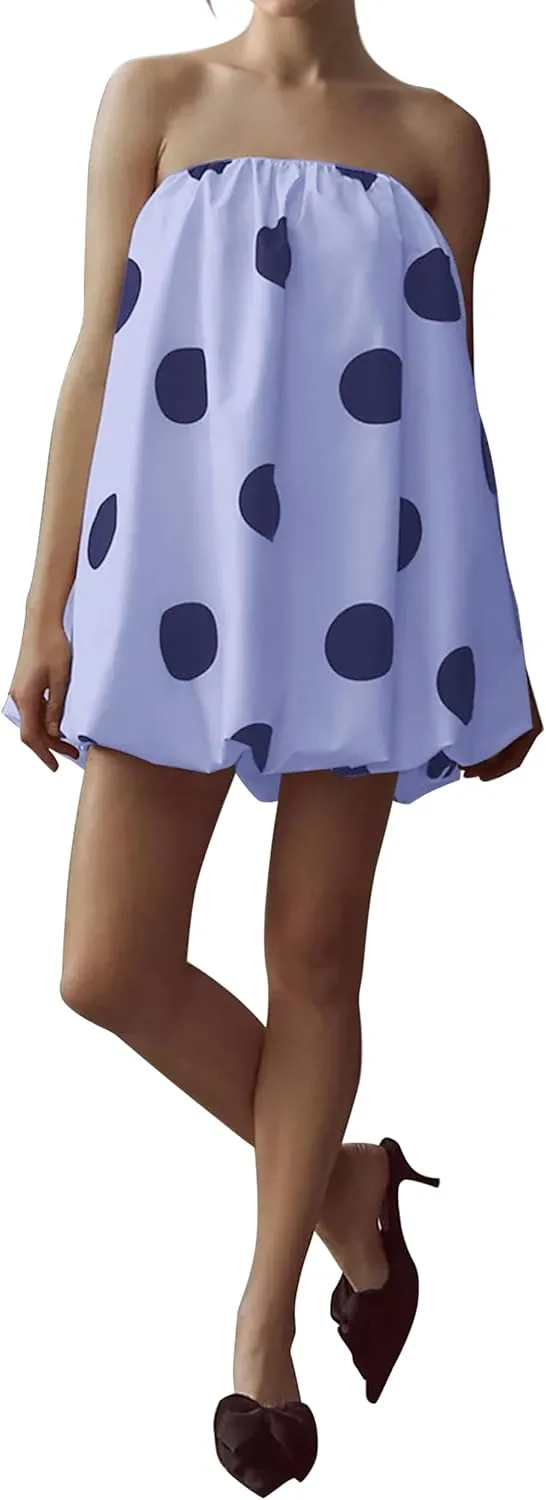 Meladyan Womens Polka Dot Bubble Mini Dress Strapless Backless Loose Fit Tube Dress Elegant Pleated Elastic Beach Dress