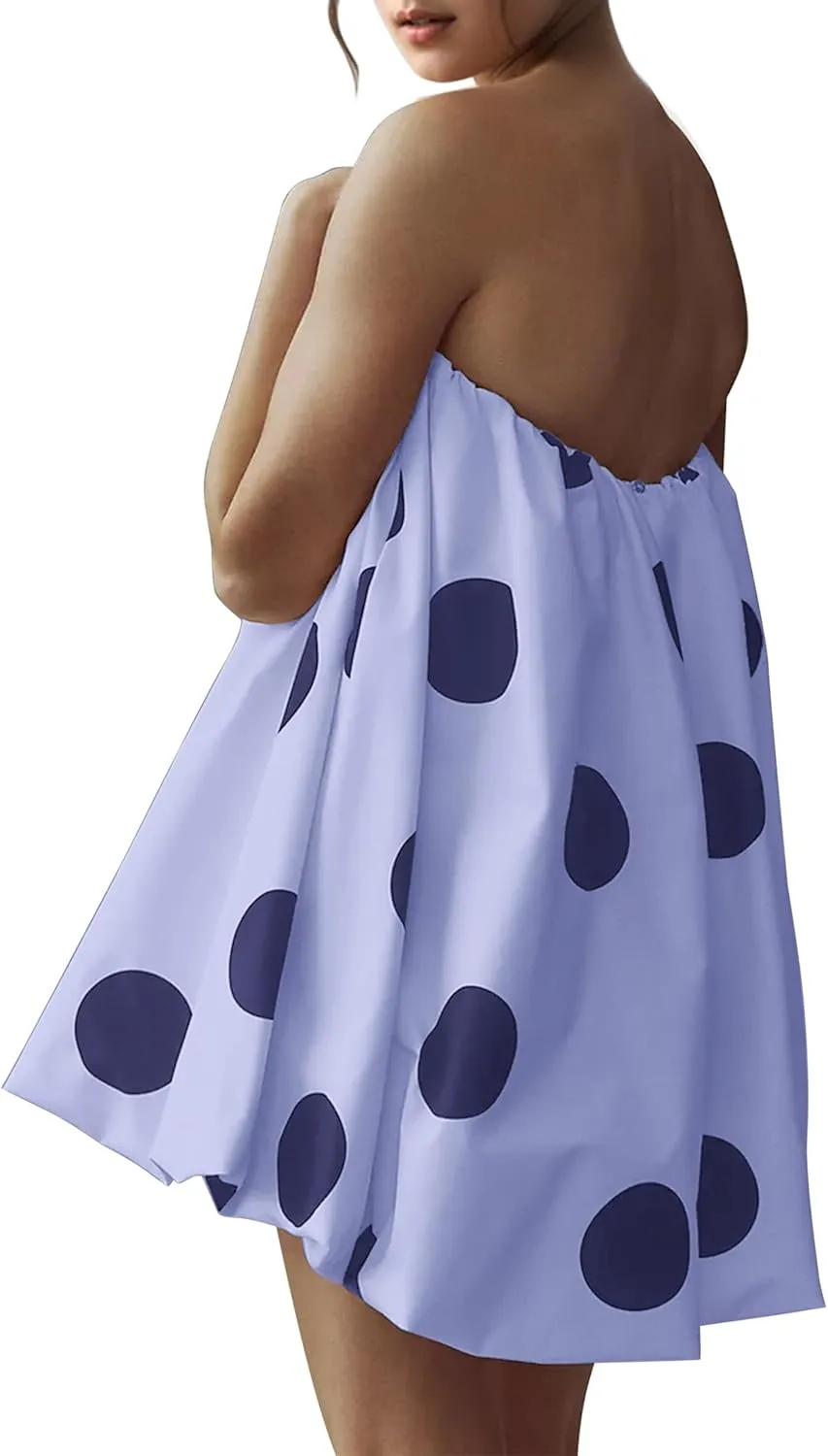 Meladyan Womens Polka Dot Bubble Mini Dress Strapless Backless Loose Fit Tube Dress Elegant Pleated Elastic Beach Dress