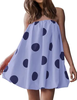 Meladyan Womens Polka Dot Bubble Mini Dress Strapless Backless Loose Fit Tube Dress Elegant Pleated Elastic Beach Dress