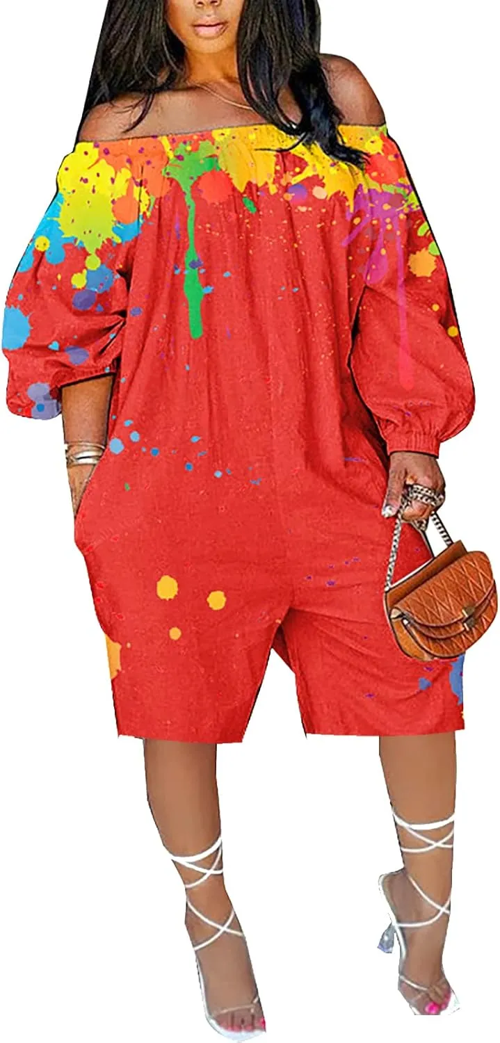 MESLIMA Women's Loose Fit Elastic Off Shoulder Beam Foot Long Sleeve Jumpsuit Rompers with Pockets Plus Size