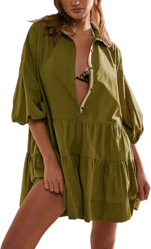 Mingzhu Women's Summer Flowy 3/4 Sleeve Babydoll Mini Dress Tiered Short Shirtdress with Pockets