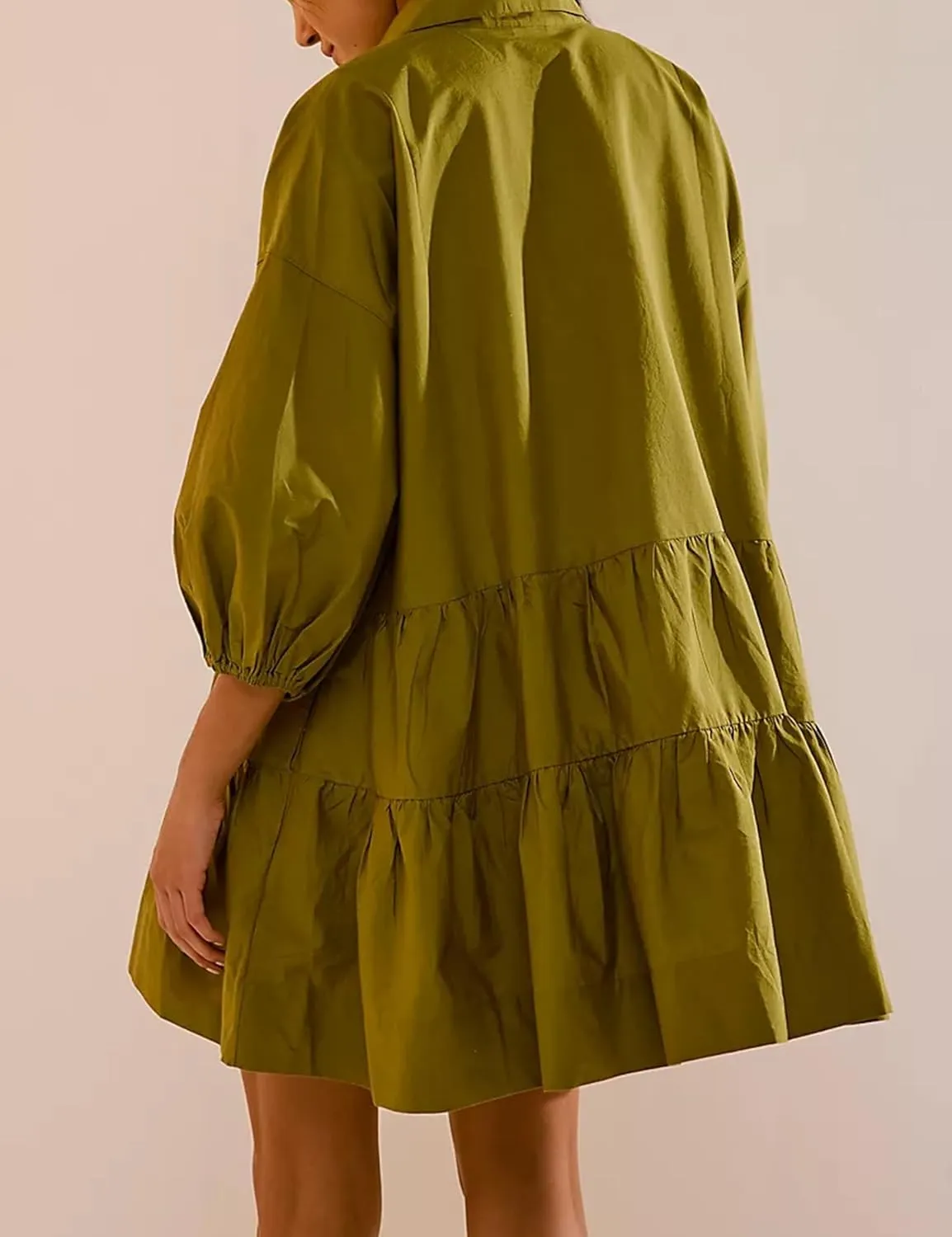 Mingzhu Women's Summer Flowy 3/4 Sleeve Babydoll Mini Dress Tiered Short Shirtdress with Pockets