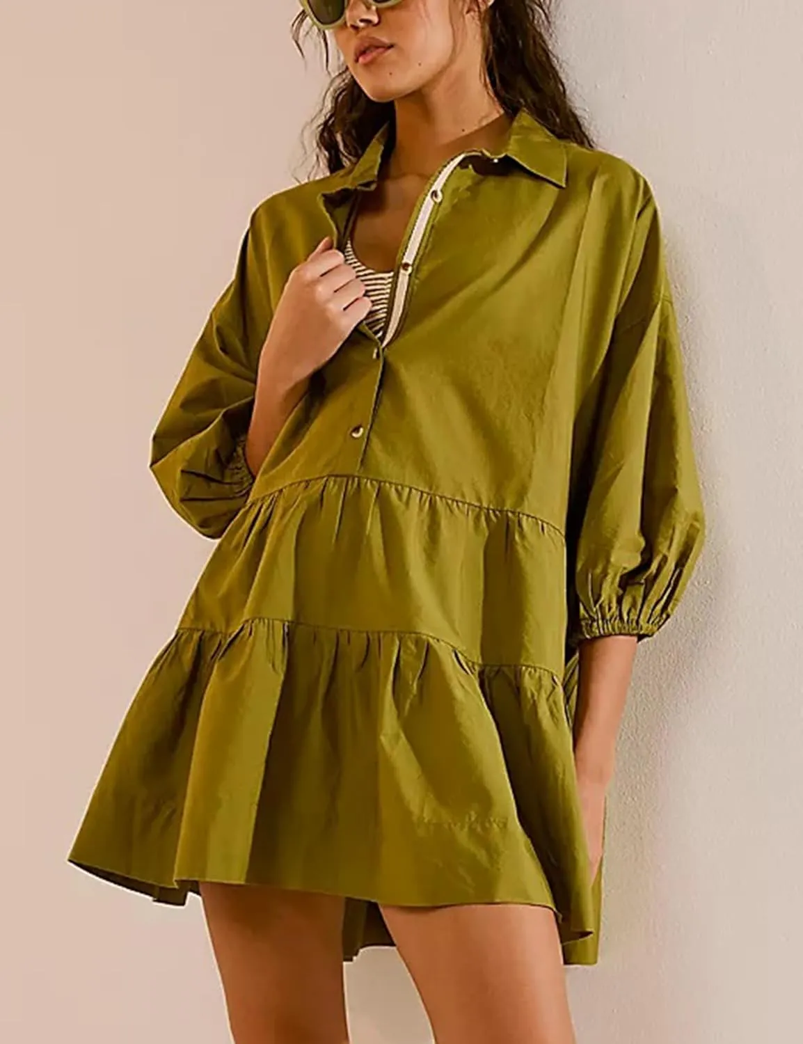 Mingzhu Women's Summer Flowy 3/4 Sleeve Babydoll Mini Dress Tiered Short Shirtdress with Pockets