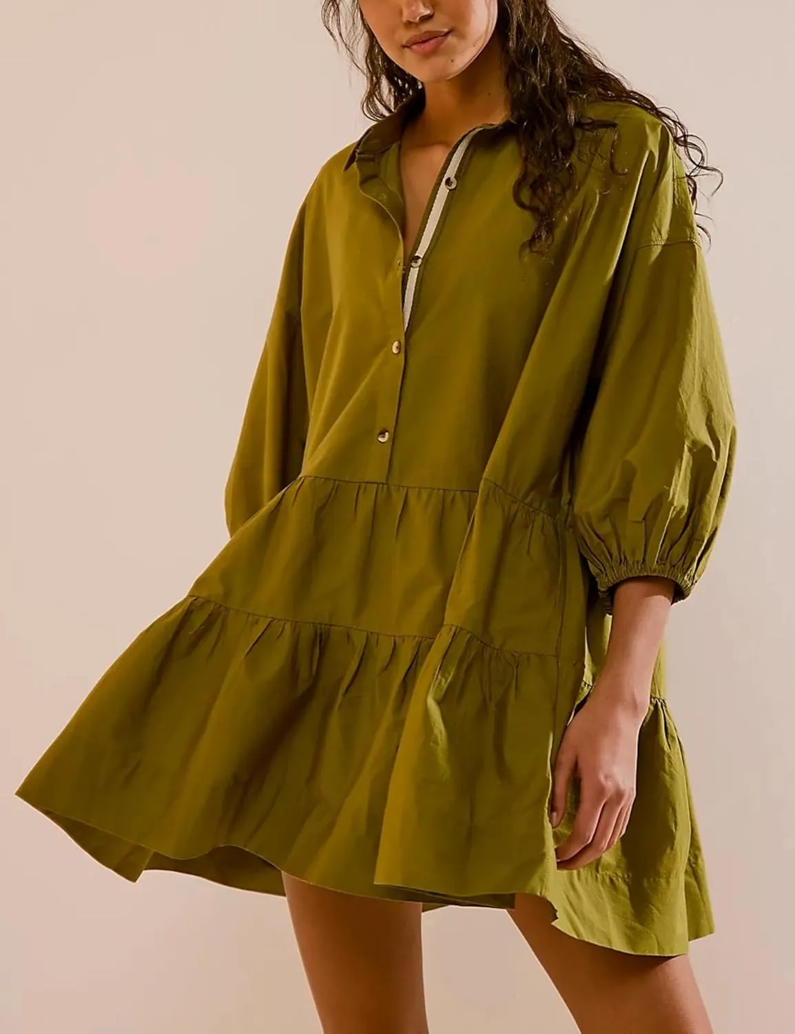 Mingzhu Women's Summer Flowy 3/4 Sleeve Babydoll Mini Dress Tiered Short Shirtdress with Pockets