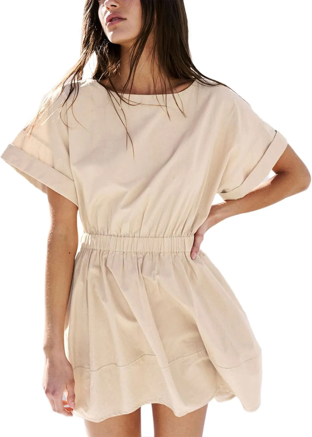 Mingzhu Women's Summer Short Sleeve Mini Dress Open Back A Line Sundress with Pockets