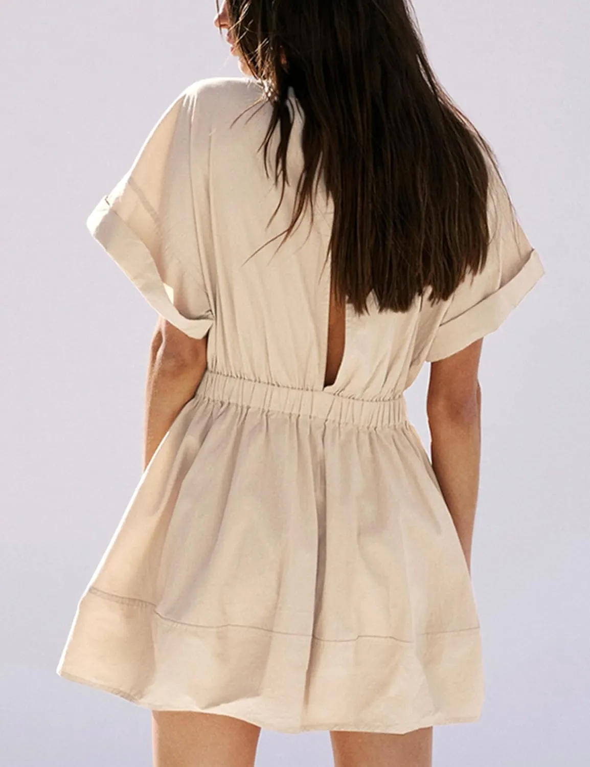 Mingzhu Women's Summer Short Sleeve Mini Dress Open Back A Line Sundress with Pockets