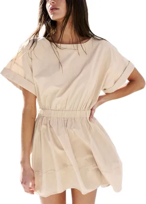 Mingzhu Women's Summer Short Sleeve Mini Dress Open Back A Line Sundress with Pockets