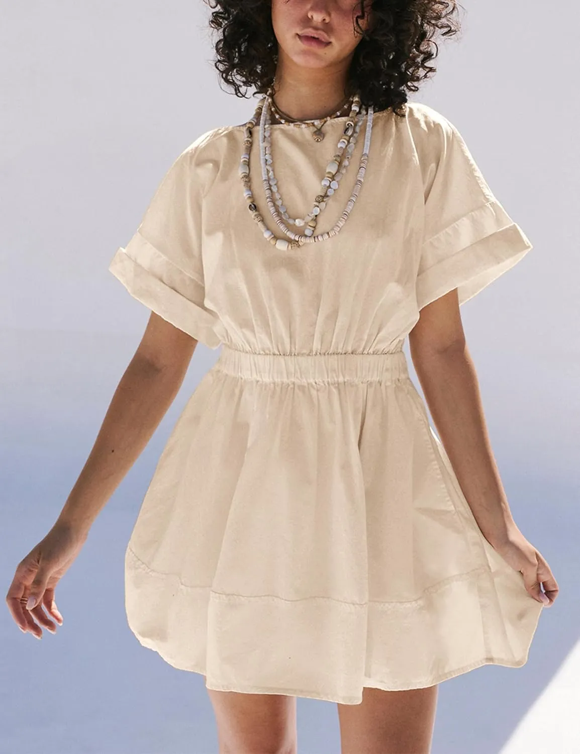 Mingzhu Women's Summer Short Sleeve Mini Dress Open Back A Line Sundress with Pockets
