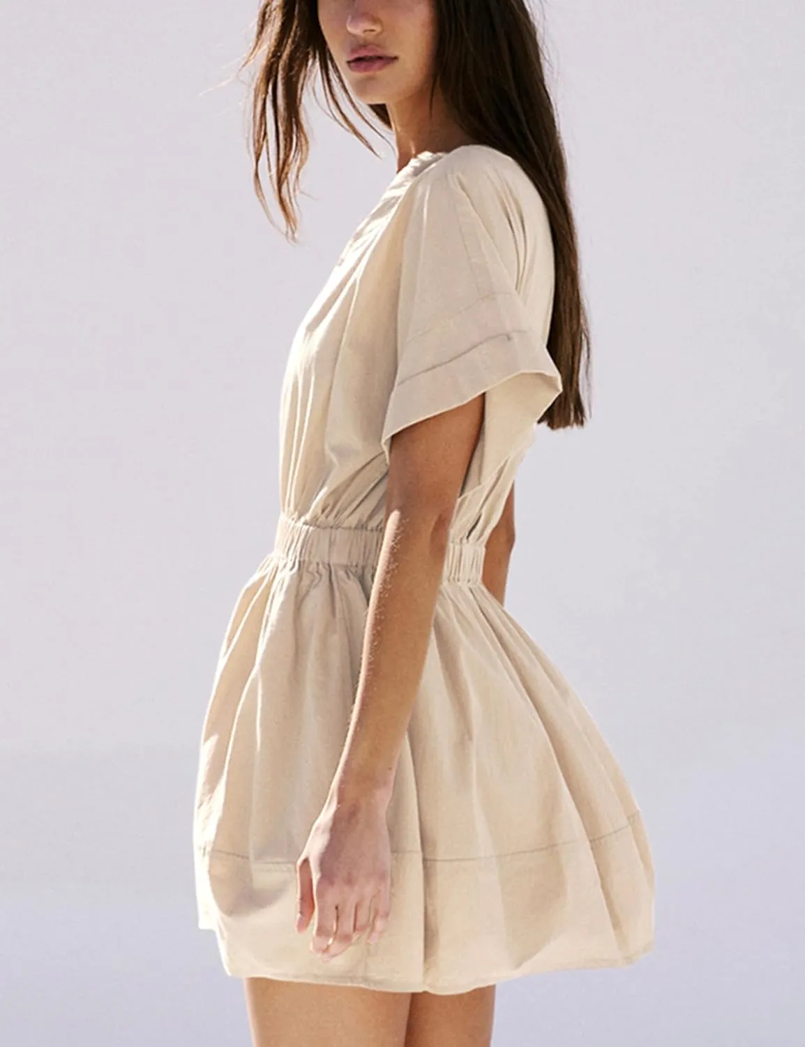 Mingzhu Women's Summer Short Sleeve Mini Dress Open Back A Line Sundress with Pockets