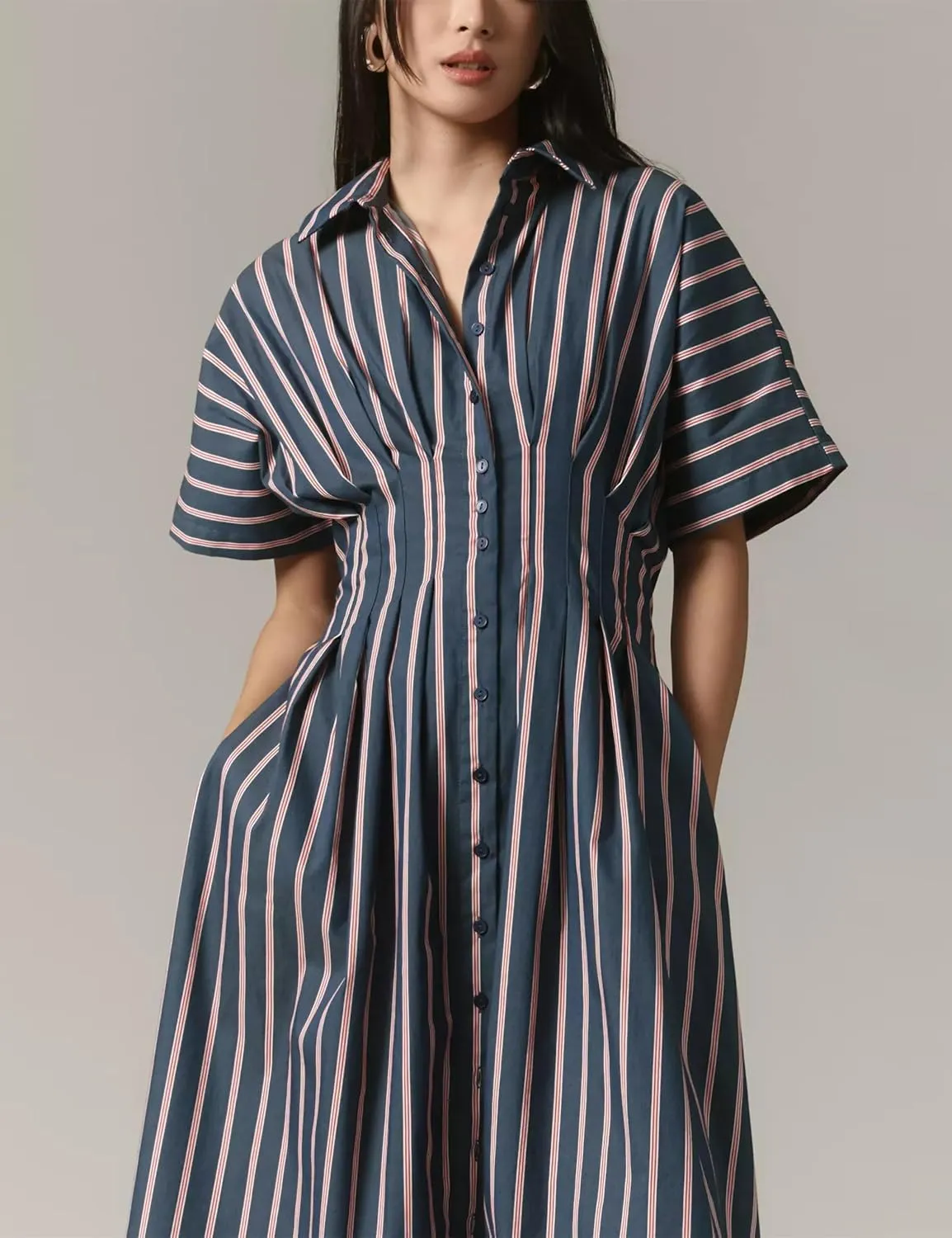 MISSACTIVER Women Button Front Pleated Shirt Dress Summer Striped Short Sleeve Lapel V Neck Corset Maxi Dress with Pockets