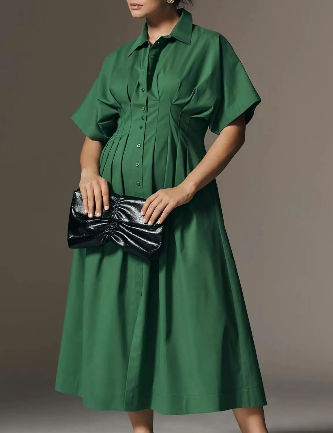 MISSACTIVER Women Button Front Pleated Shirt Dress Summer Striped Short Sleeve Lapel V Neck Corset Maxi Dress with Pockets