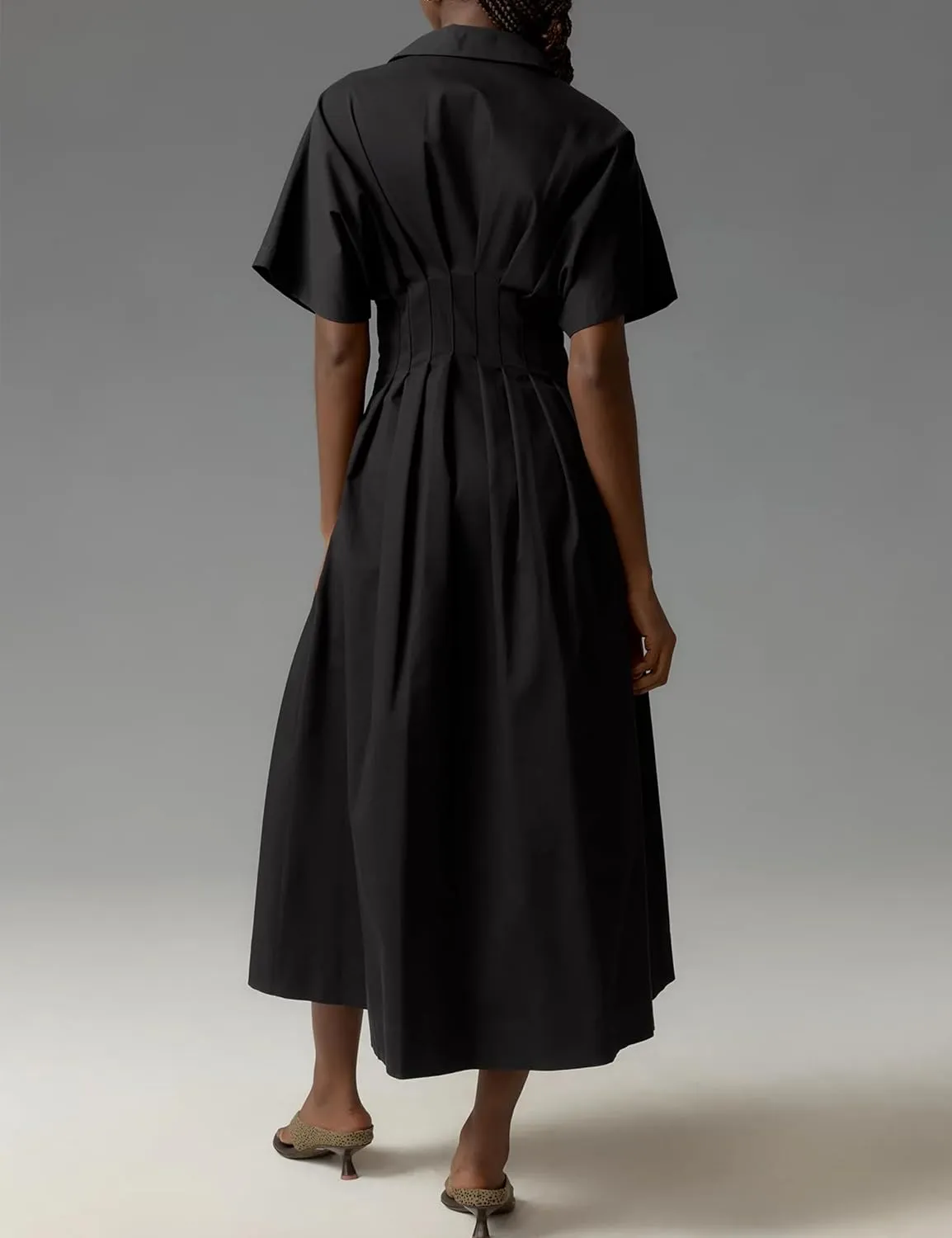 MISSACTIVER Women Button Front Pleated Shirt Dress Summer Striped Short Sleeve Lapel V Neck Corset Maxi Dress with Pockets